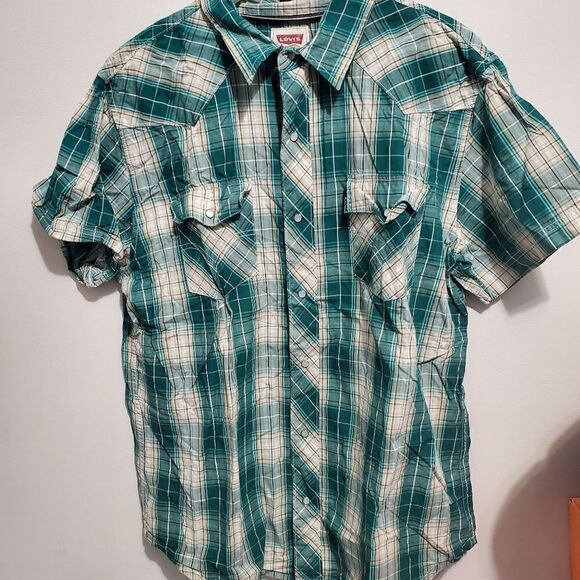 Preowned levis woven plaid button down Shirt  size Xl color green/Beige - Picture 1 of 14